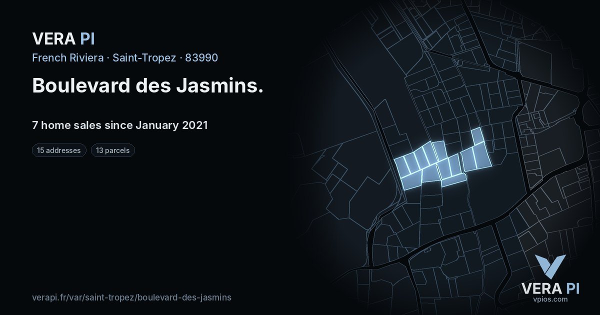 Boulevard des Jasmins, Saint-Tropez at night – every parcel coloured by the prices around it, the street's own parcels lit