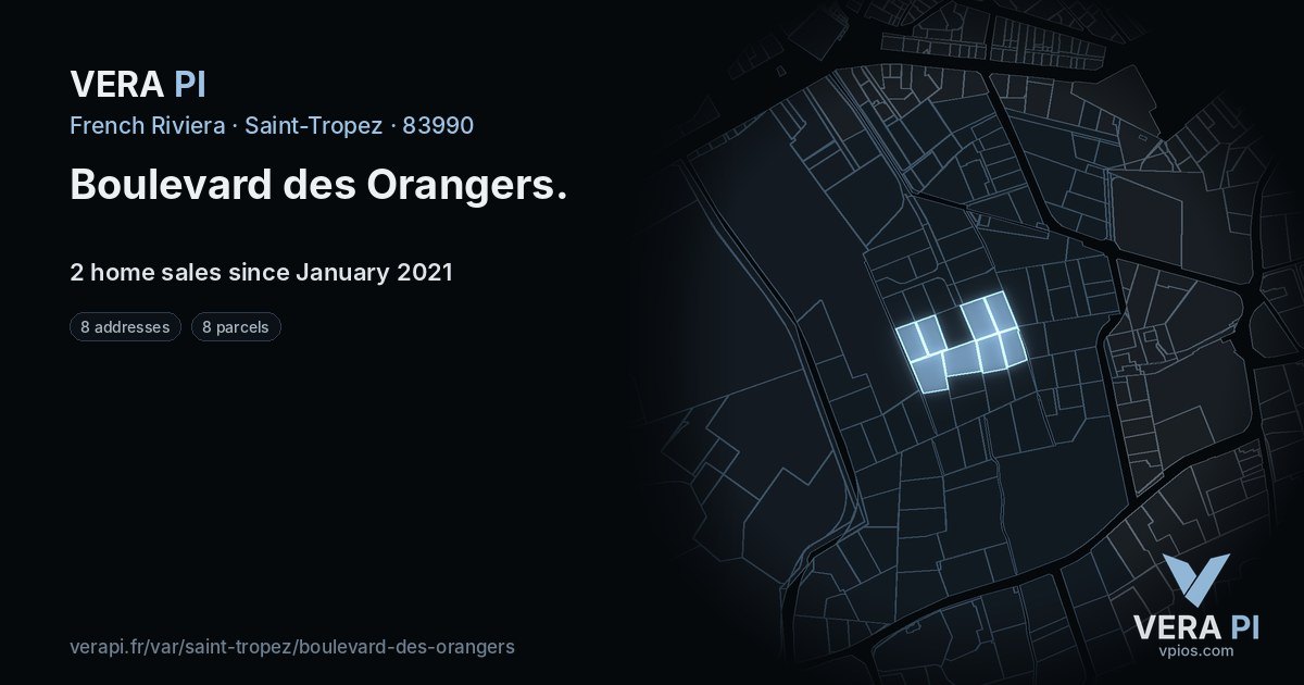 Boulevard des Orangers, Saint-Tropez at night – every parcel coloured by the prices around it, the street's own parcels lit