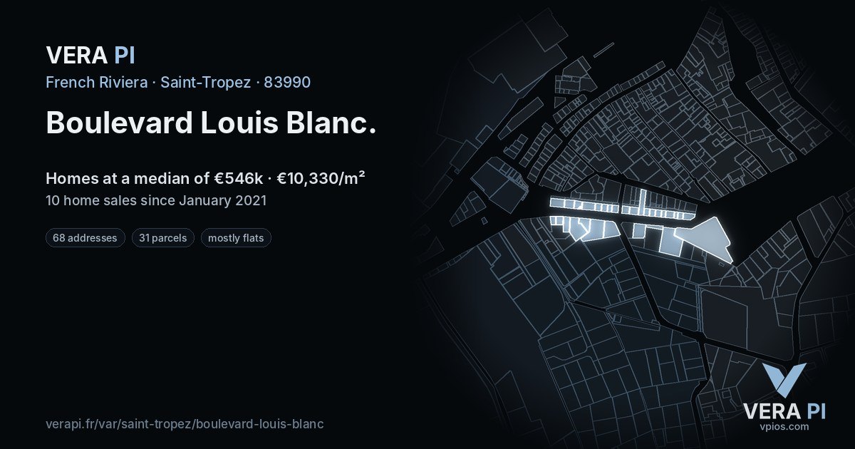 Boulevard Louis Blanc, Saint-Tropez at night – every parcel coloured by the prices around it, the street's own parcels lit