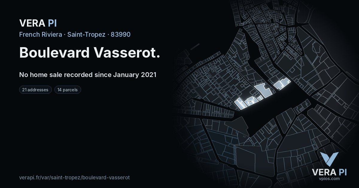 Boulevard Vasserot, Saint-Tropez at night – every parcel coloured by the prices around it, the street's own parcels lit