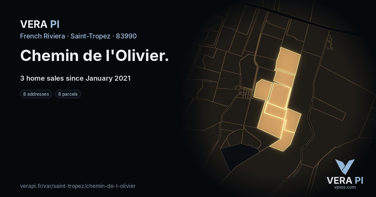 Chemin de l'Olivier, Saint-Tropez at night – every parcel coloured by the prices around it, the street's own parcels lit