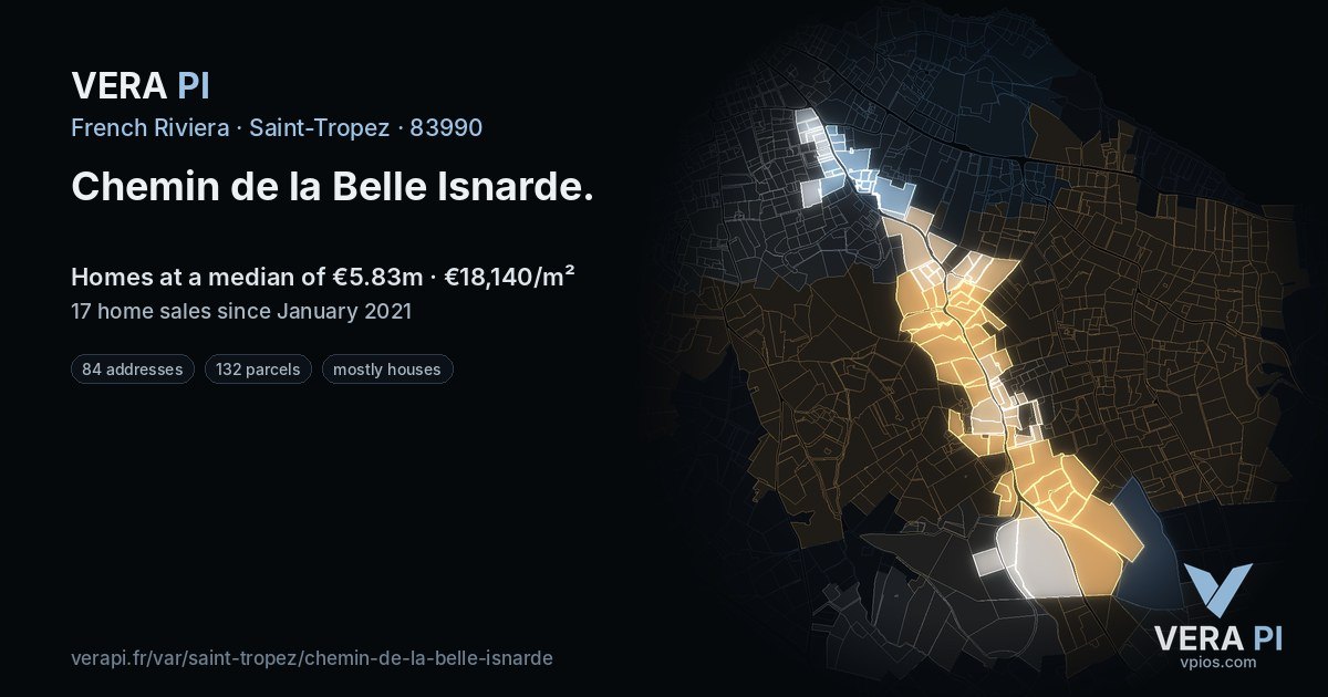 Chemin de la Belle Isnarde, Saint-Tropez at night – every parcel coloured by the prices around it, the street's own parcels lit