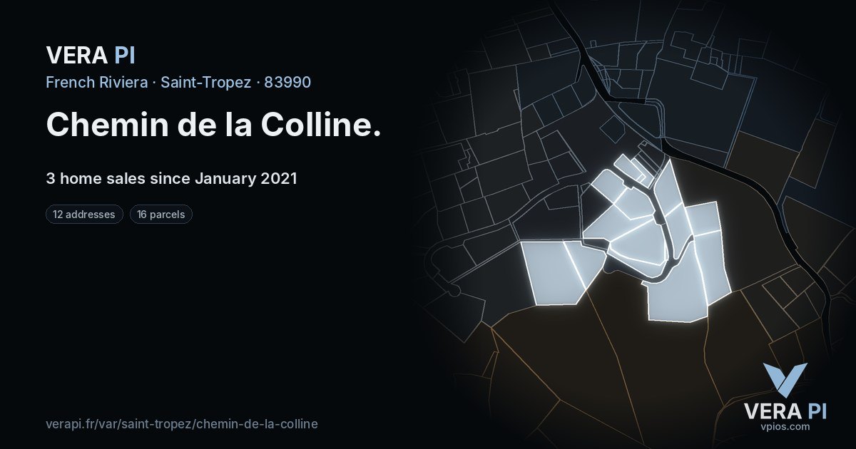 Chemin de la Colline, Saint-Tropez at night – every parcel coloured by the prices around it, the street's own parcels lit