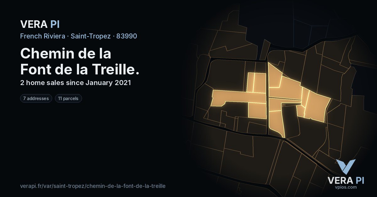 Chemin de la Font de la Treille, Saint-Tropez at night – every parcel coloured by the prices around it, the street's own parcels lit
