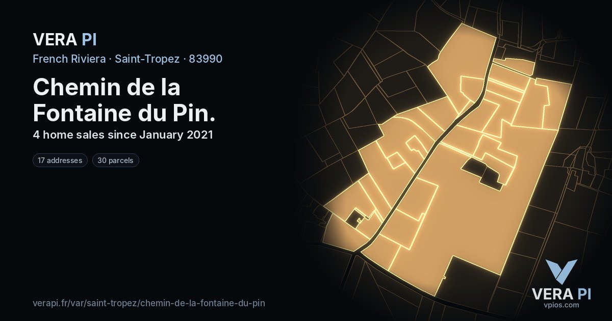 Chemin de la Fontaine du Pin, Saint-Tropez at night – every parcel coloured by the prices around it, the street's own parcels lit