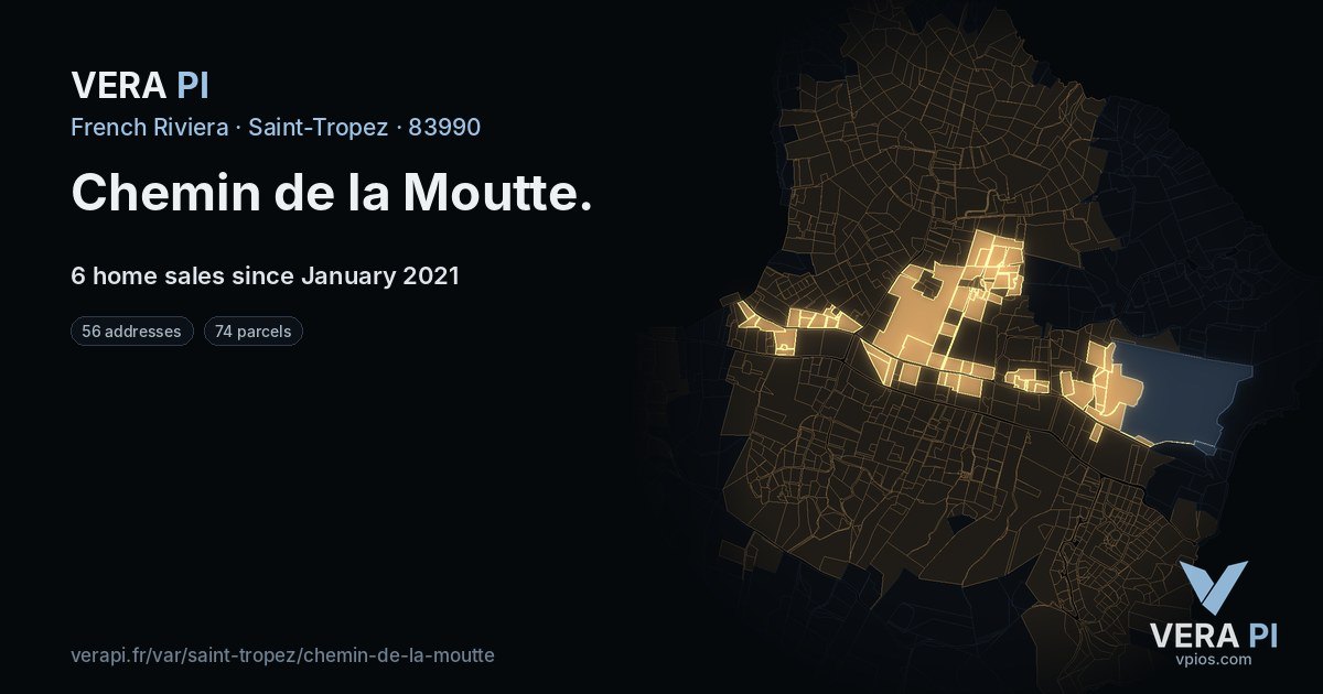 Chemin de la Moutte, Saint-Tropez at night – every parcel coloured by the prices around it, the street's own parcels lit