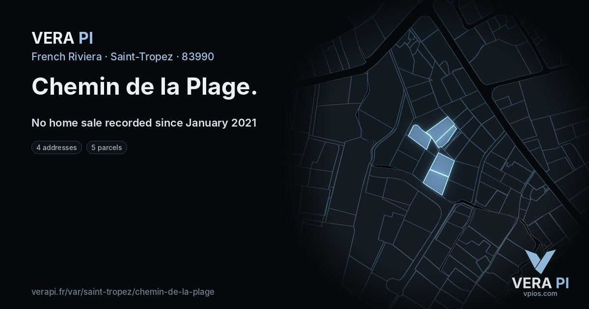 Chemin de la Plage, Saint-Tropez at night – every parcel coloured by the prices around it, the street's own parcels lit