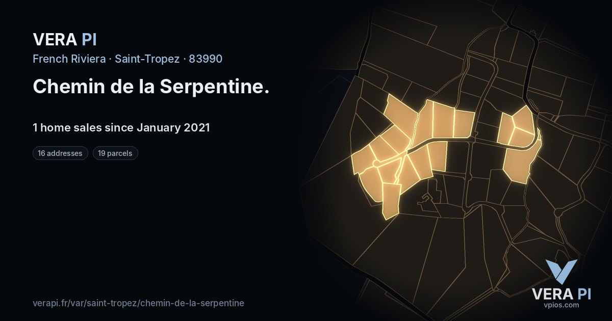 Chemin de la Serpentine, Saint-Tropez at night – every parcel coloured by the prices around it, the street's own parcels lit