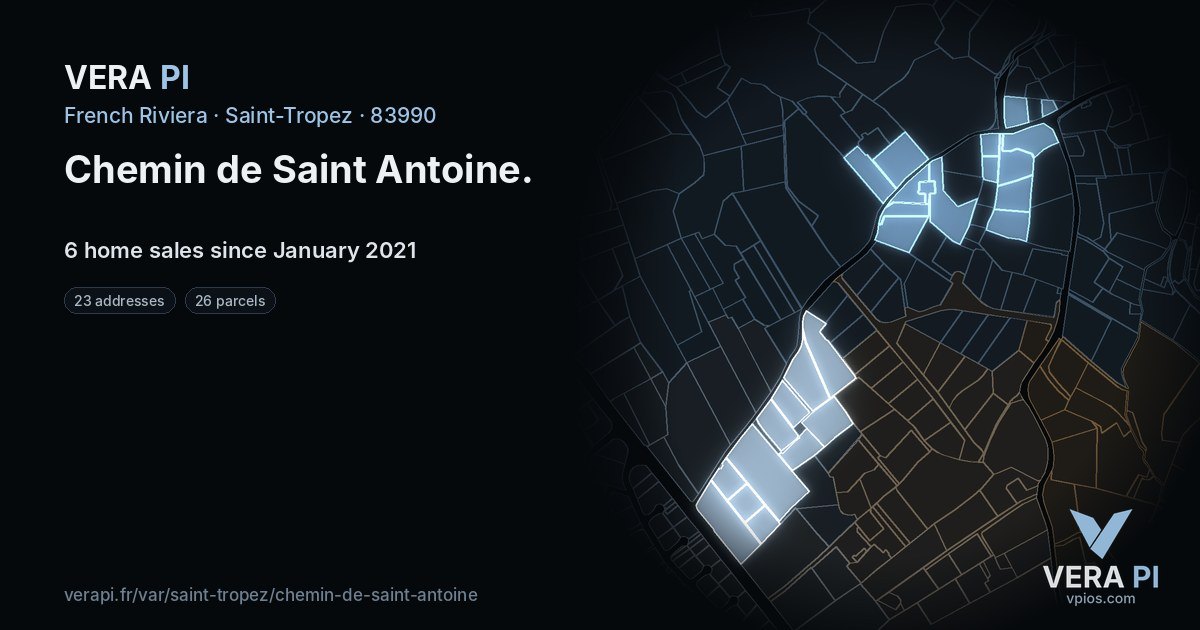 Chemin de Saint Antoine, Saint-Tropez at night – every parcel coloured by the prices around it, the street's own parcels lit