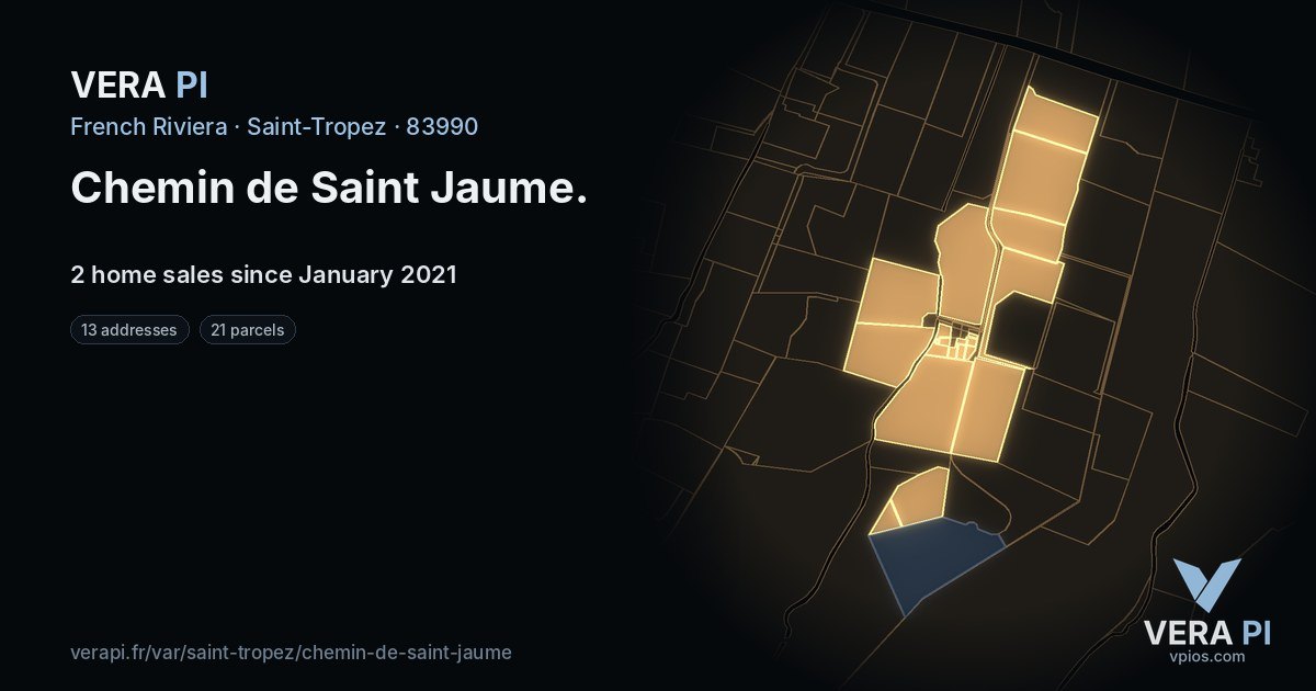 Chemin de Saint Jaume, Saint-Tropez at night – every parcel coloured by the prices around it, the street's own parcels lit