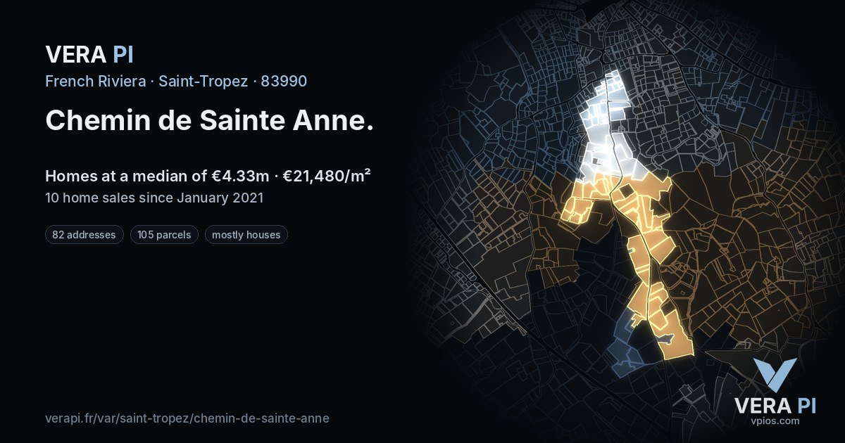 Chemin de Sainte Anne, Saint-Tropez at night – every parcel coloured by the prices around it, the street's own parcels lit
