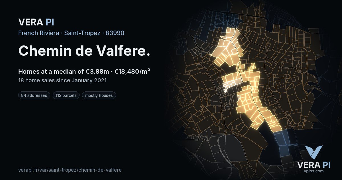 Chemin de Valfere, Saint-Tropez at night – every parcel coloured by the prices around it, the street's own parcels lit