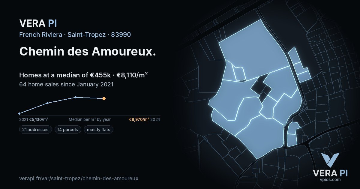 Chemin des Amoureux, Saint-Tropez at night – every parcel coloured by the prices around it, the street's own parcels lit