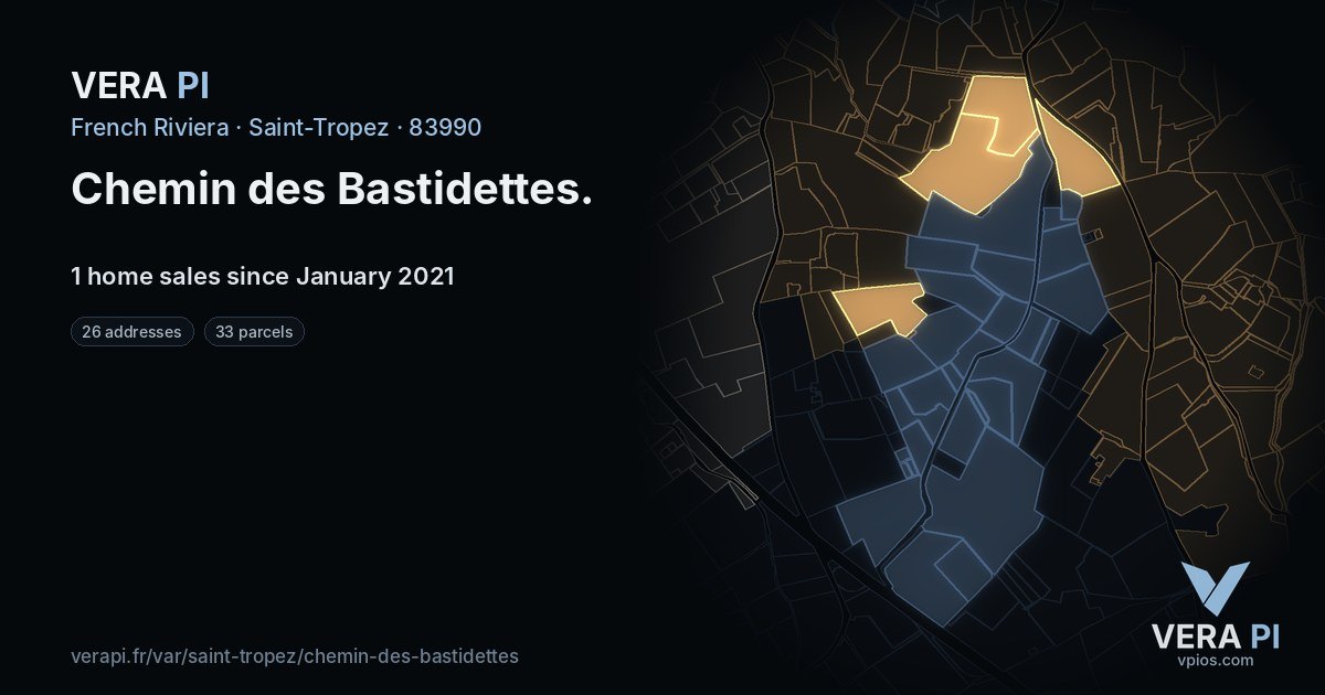 Chemin des Bastidettes, Saint-Tropez at night – every parcel coloured by the prices around it, the street's own parcels lit