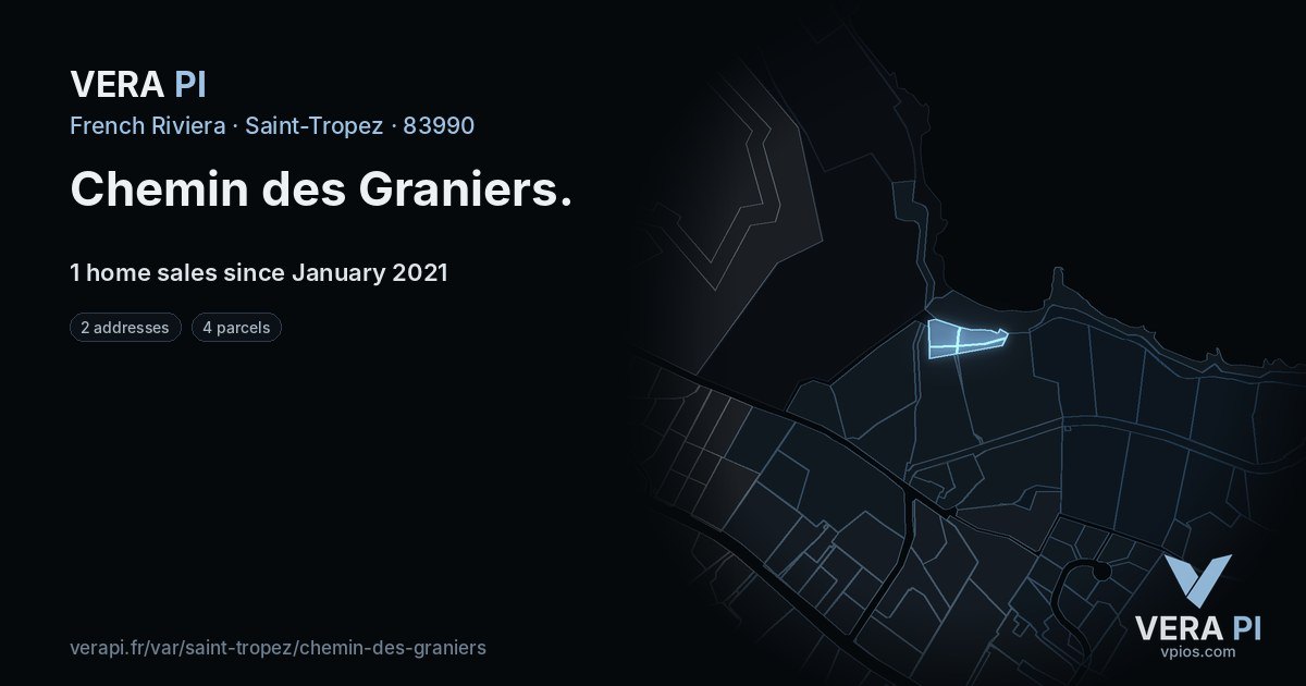 Chemin des Graniers, Saint-Tropez at night – every parcel coloured by the prices around it, the street's own parcels lit