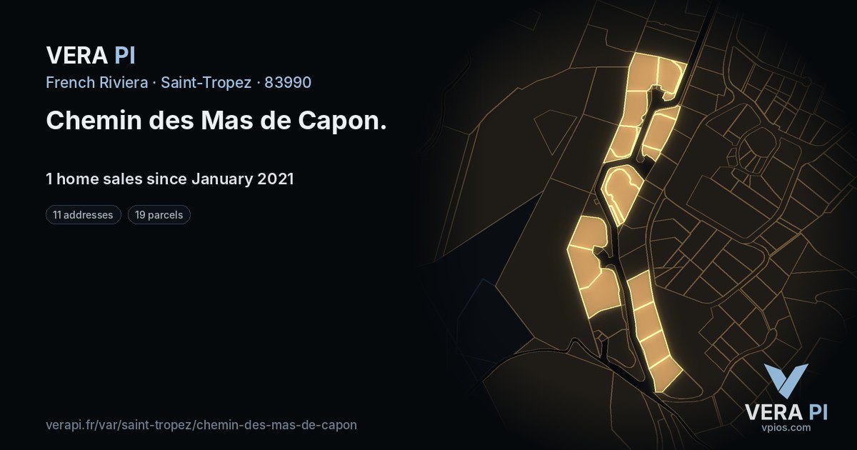 Chemin des Mas de Capon, Saint-Tropez at night – every parcel coloured by the prices around it, the street's own parcels lit