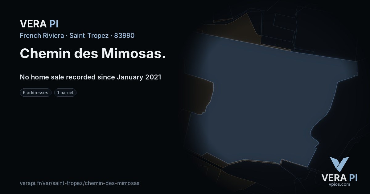 Chemin des Mimosas, Saint-Tropez at night – every parcel coloured by the prices around it, the street's own parcels lit