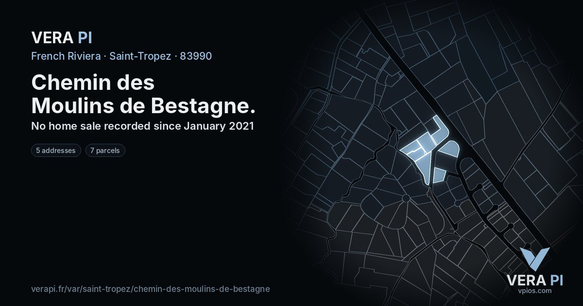 Chemin des Moulins de Bestagne, Saint-Tropez at night – every parcel coloured by the prices around it, the street's own parcels lit