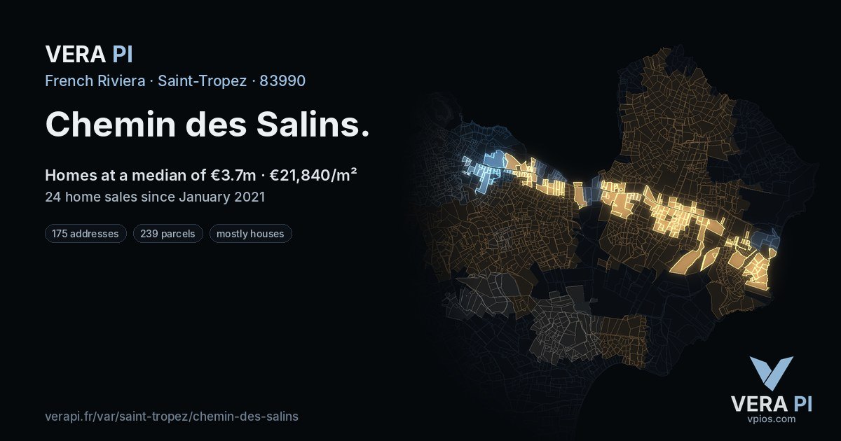 Chemin des Salins, Saint-Tropez at night – every parcel coloured by the prices around it, the street's own parcels lit