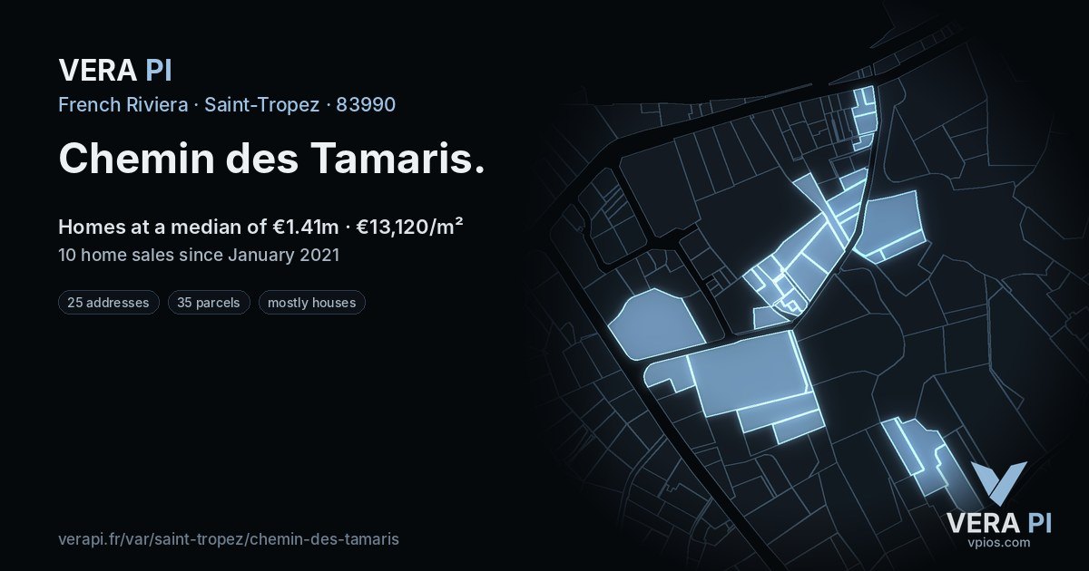 Chemin des Tamaris, Saint-Tropez at night – every parcel coloured by the prices around it, the street's own parcels lit