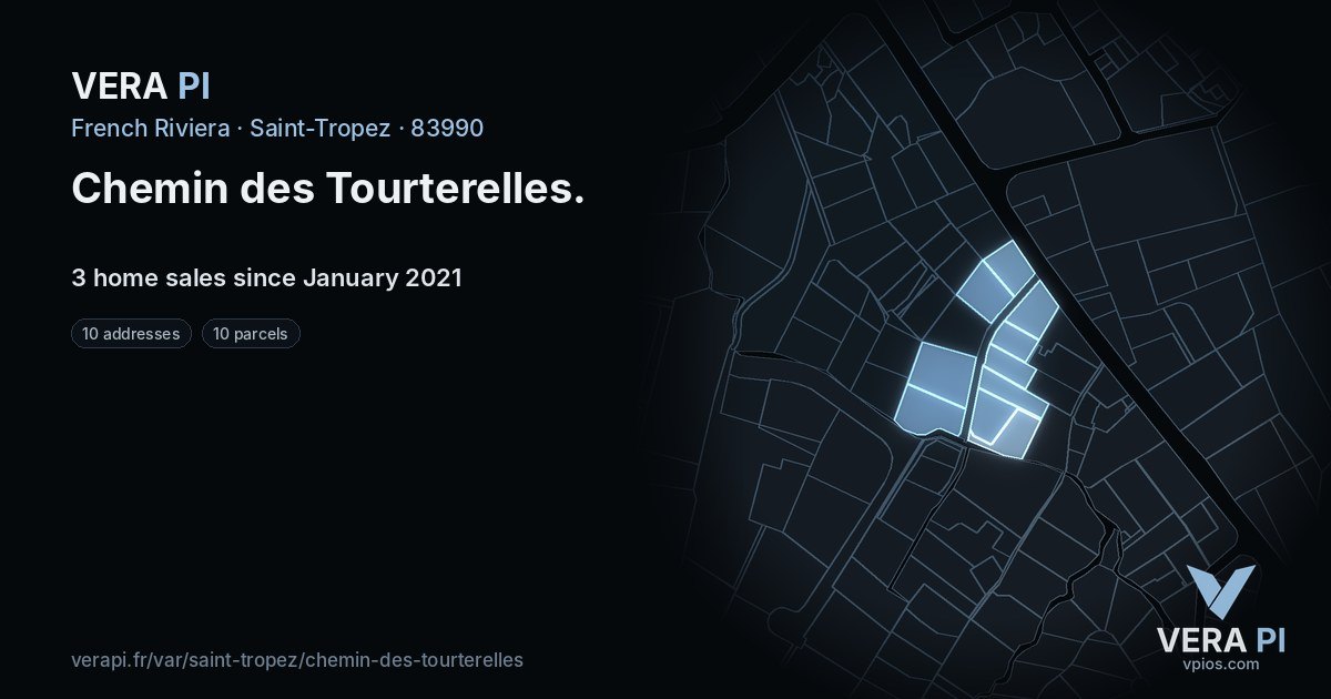 Chemin des Tourterelles, Saint-Tropez at night – every parcel coloured by the prices around it, the street's own parcels lit