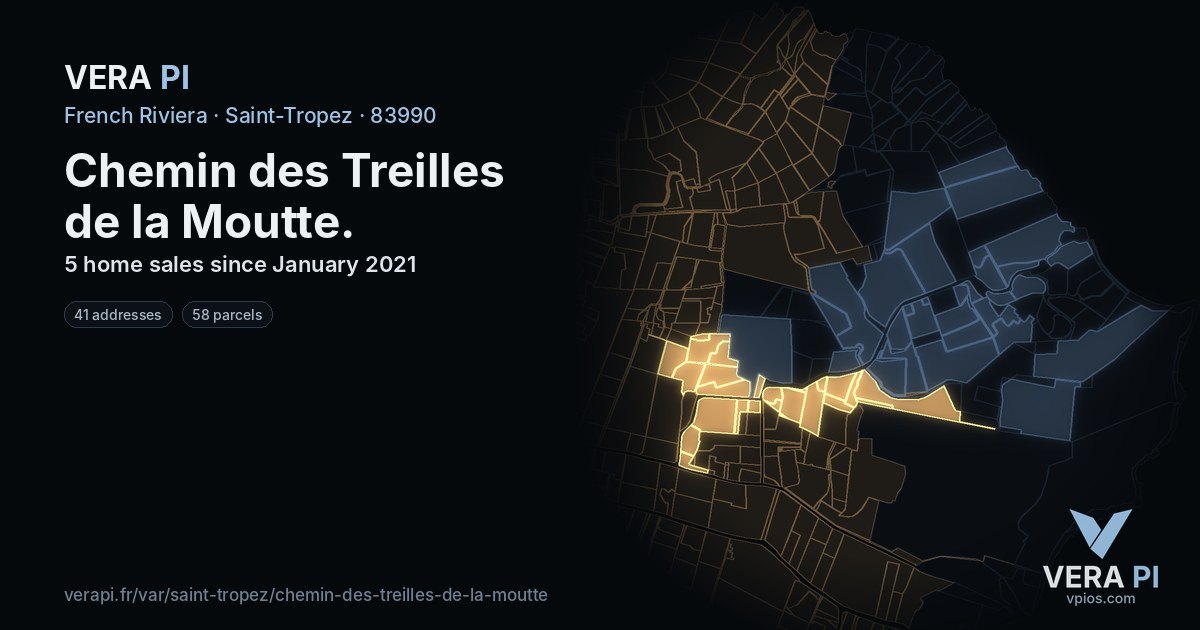 Chemin des Treilles de la Moutte, Saint-Tropez at night – every parcel coloured by the prices around it, the street's own parcels lit
