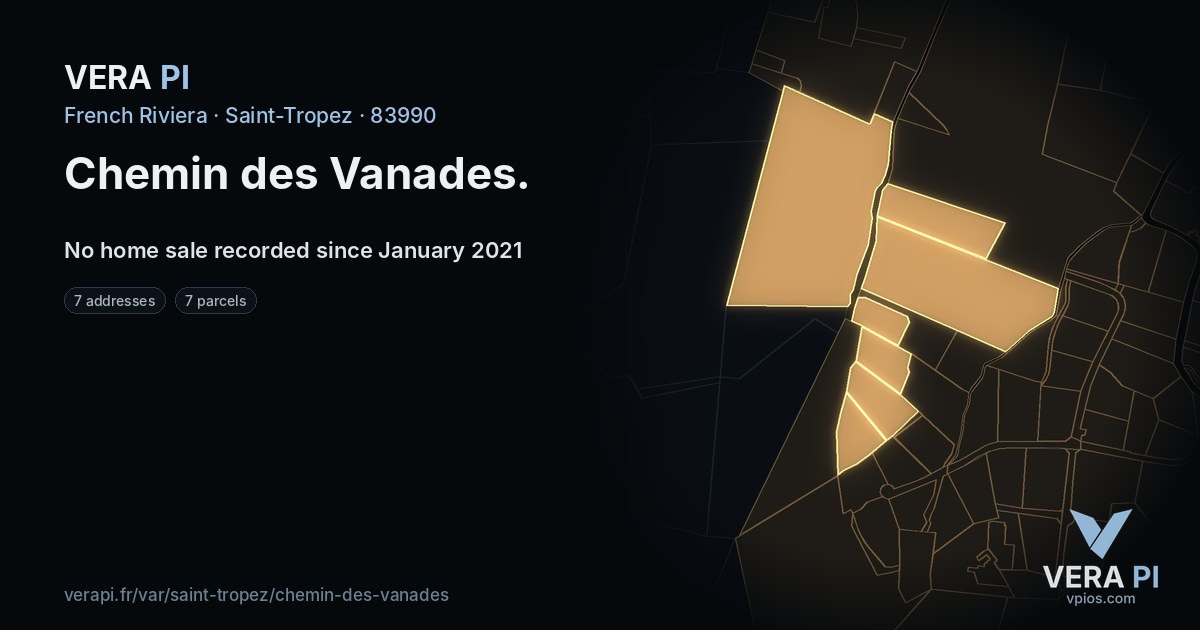 Chemin des Vanades, Saint-Tropez at night – every parcel coloured by the prices around it, the street's own parcels lit