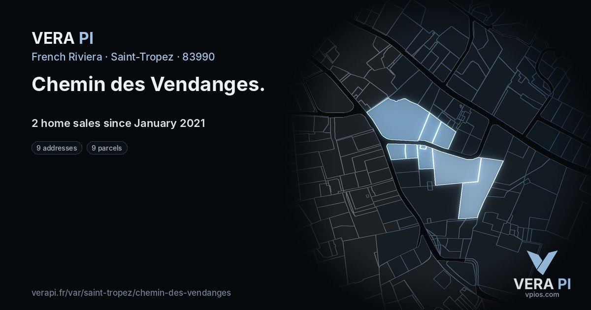 Chemin des Vendanges, Saint-Tropez at night – every parcel coloured by the prices around it, the street's own parcels lit