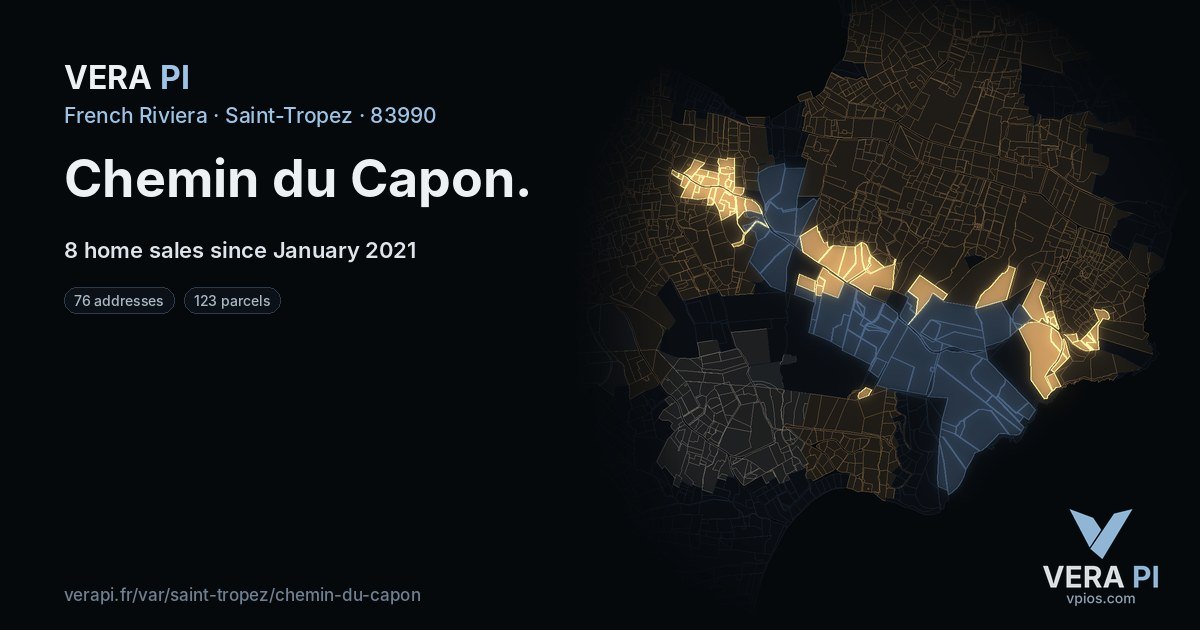 Chemin du Capon, Saint-Tropez at night – every parcel coloured by the prices around it, the street's own parcels lit