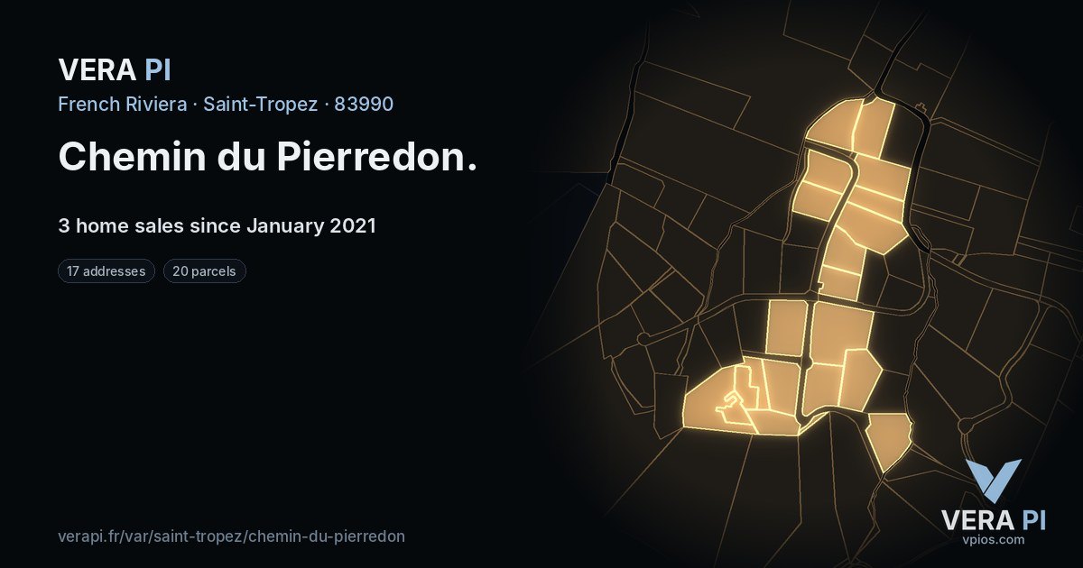 Chemin du Pierredon, Saint-Tropez at night – every parcel coloured by the prices around it, the street's own parcels lit