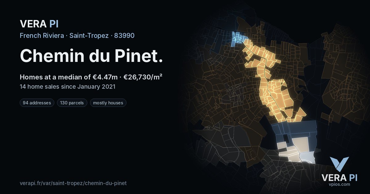 Chemin du Pinet, Saint-Tropez at night – every parcel coloured by the prices around it, the street's own parcels lit
