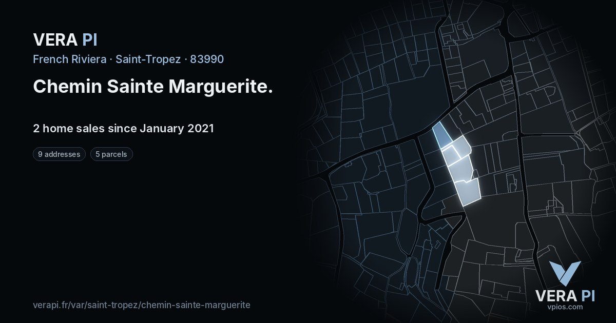 Chemin Sainte Marguerite, Saint-Tropez at night – every parcel coloured by the prices around it, the street's own parcels lit