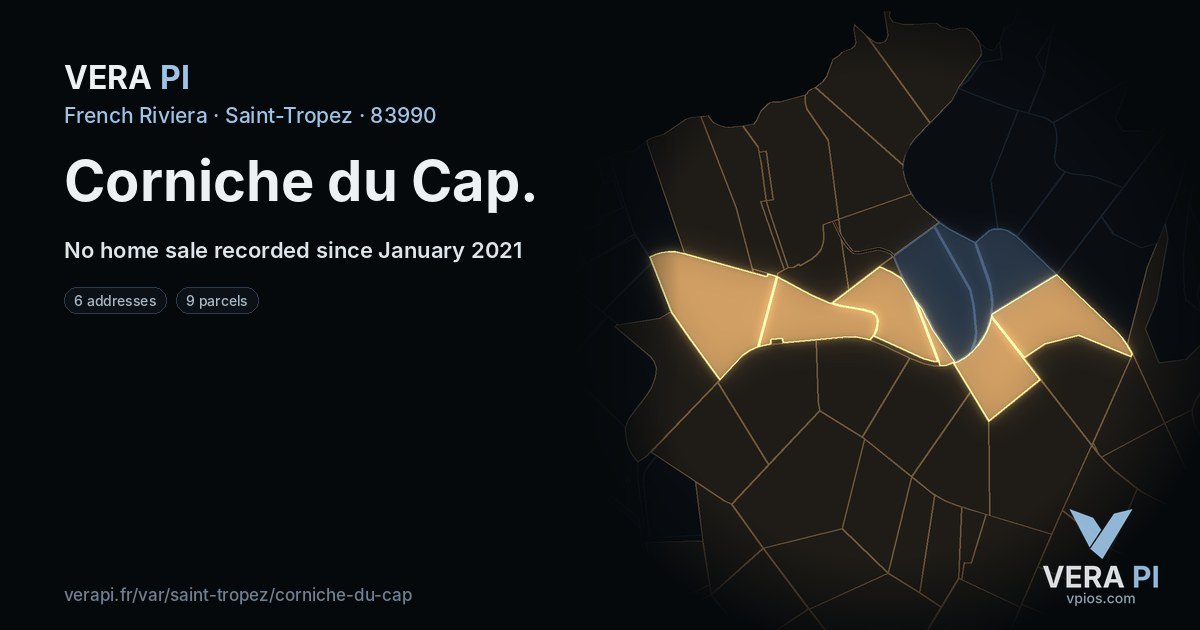 Corniche du Cap, Saint-Tropez at night – every parcel coloured by the prices around it, the street's own parcels lit