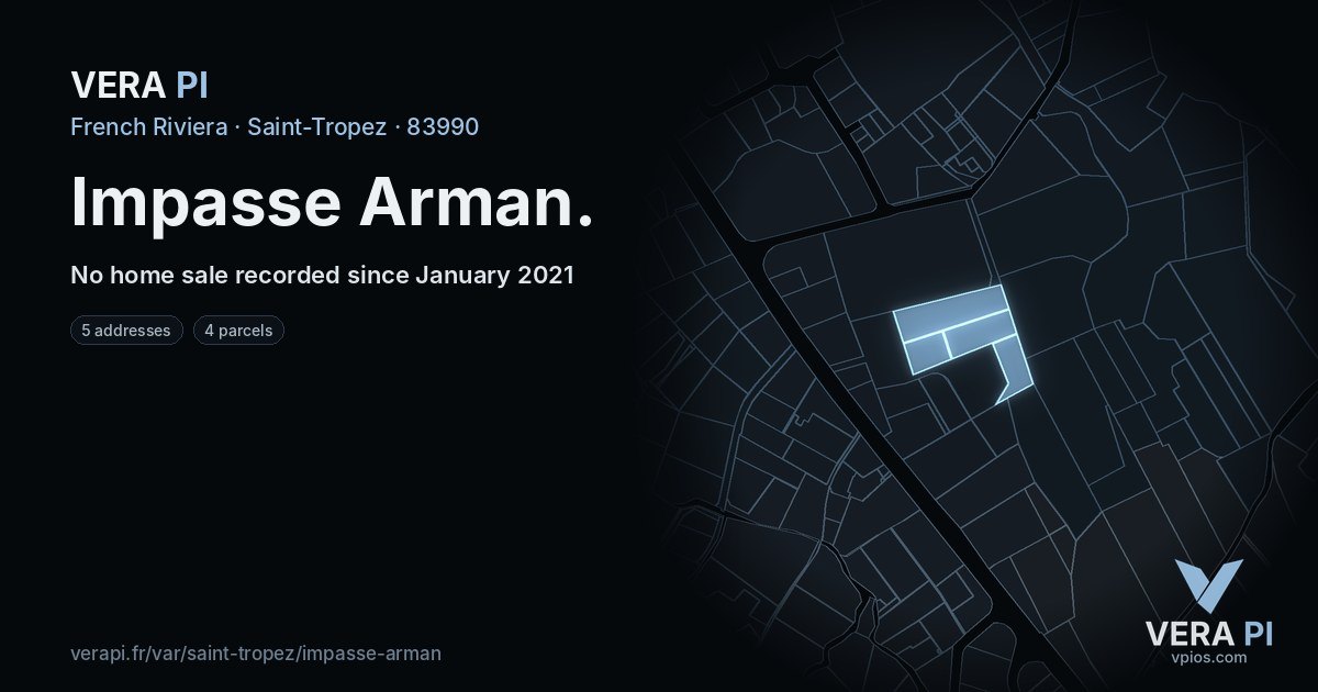 Impasse Arman, Saint-Tropez at night – every parcel coloured by the prices around it, the street's own parcels lit