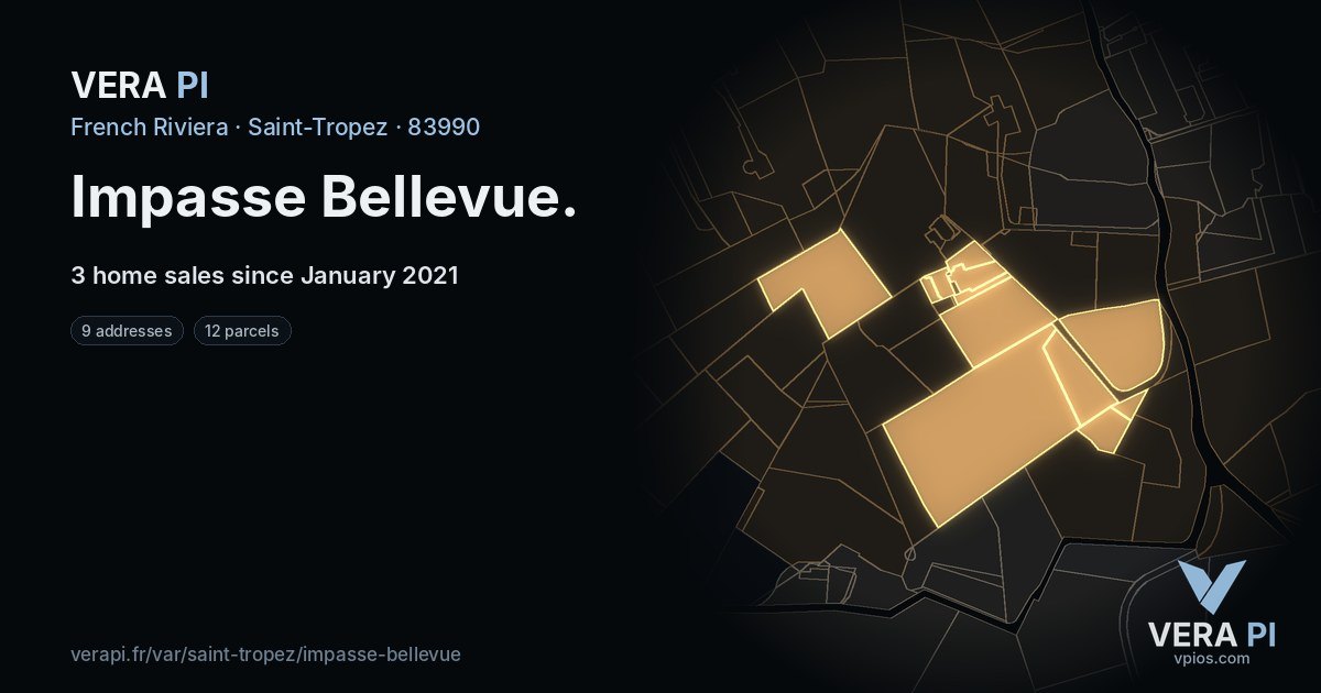 Impasse Bellevue, Saint-Tropez at night – every parcel coloured by the prices around it, the street's own parcels lit