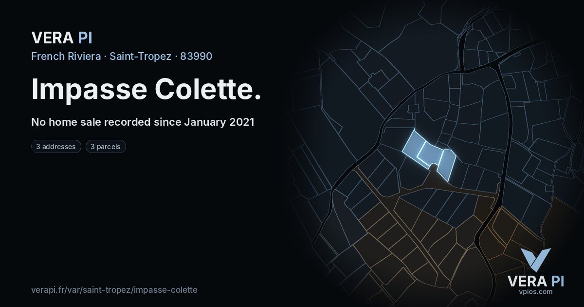 Impasse Colette, Saint-Tropez at night – every parcel coloured by the prices around it, the street's own parcels lit
