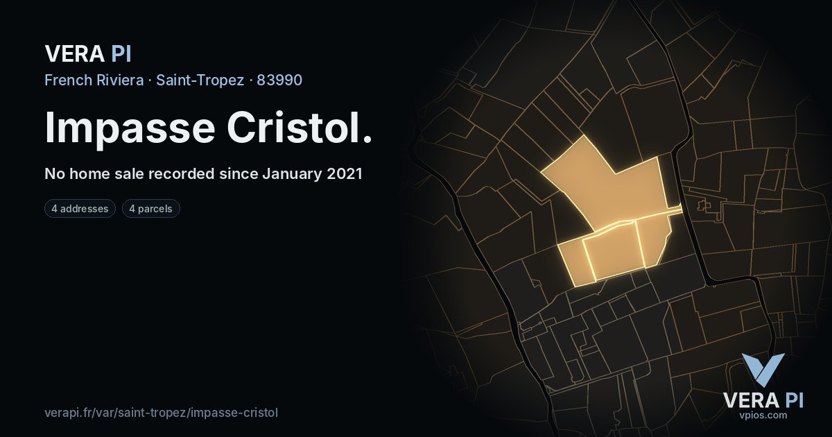 Impasse Cristol, Saint-Tropez at night – every parcel coloured by the prices around it, the street's own parcels lit