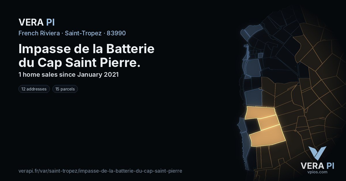 Impasse de la Batterie du Cap Saint Pierre, Saint-Tropez at night – every parcel coloured by the prices around it, the street's own parcels lit