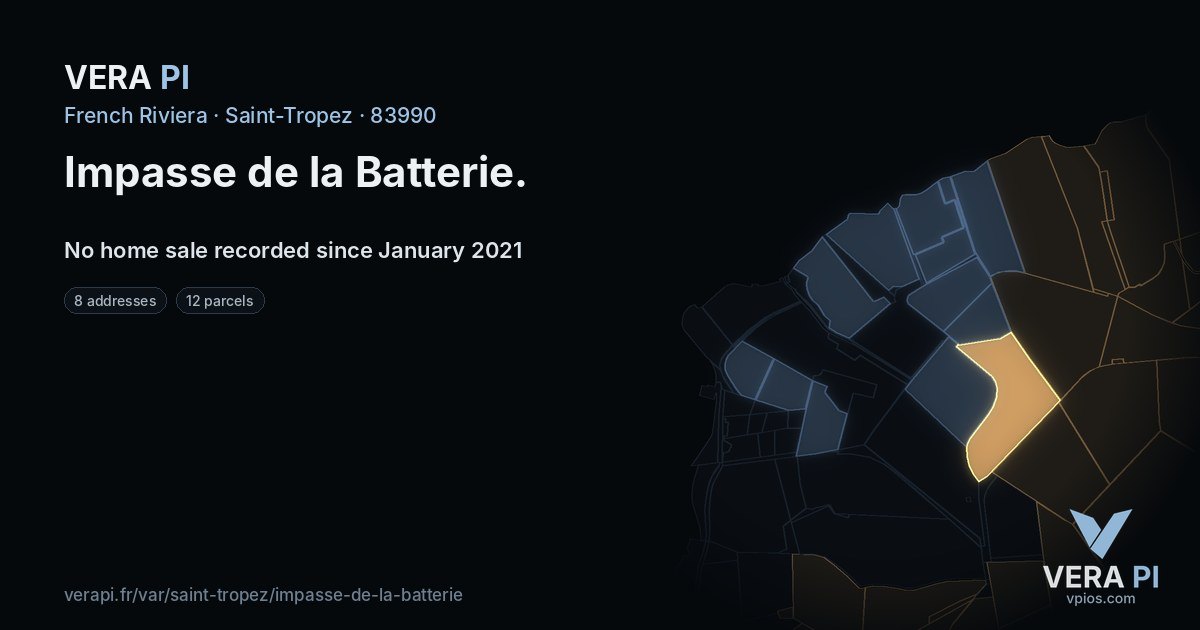 Impasse de la Batterie, Saint-Tropez at night – every parcel coloured by the prices around it, the street's own parcels lit