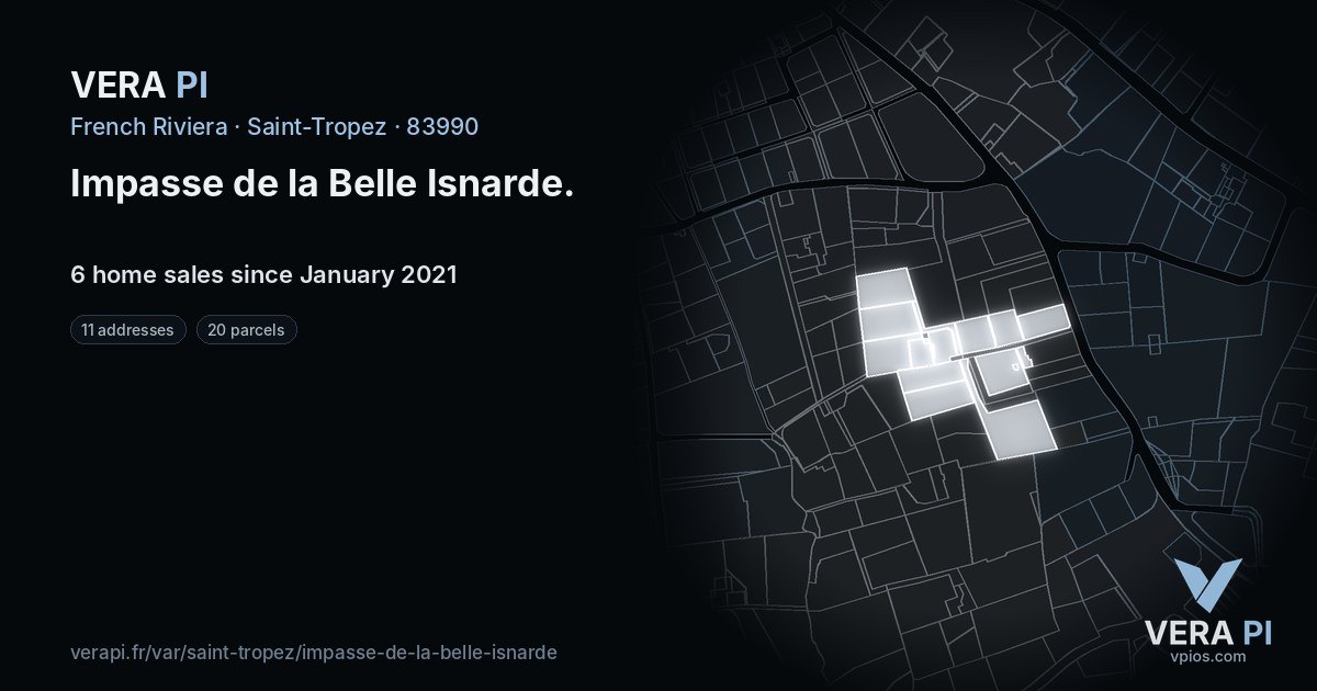Impasse de la Belle Isnarde, Saint-Tropez at night – every parcel coloured by the prices around it, the street's own parcels lit