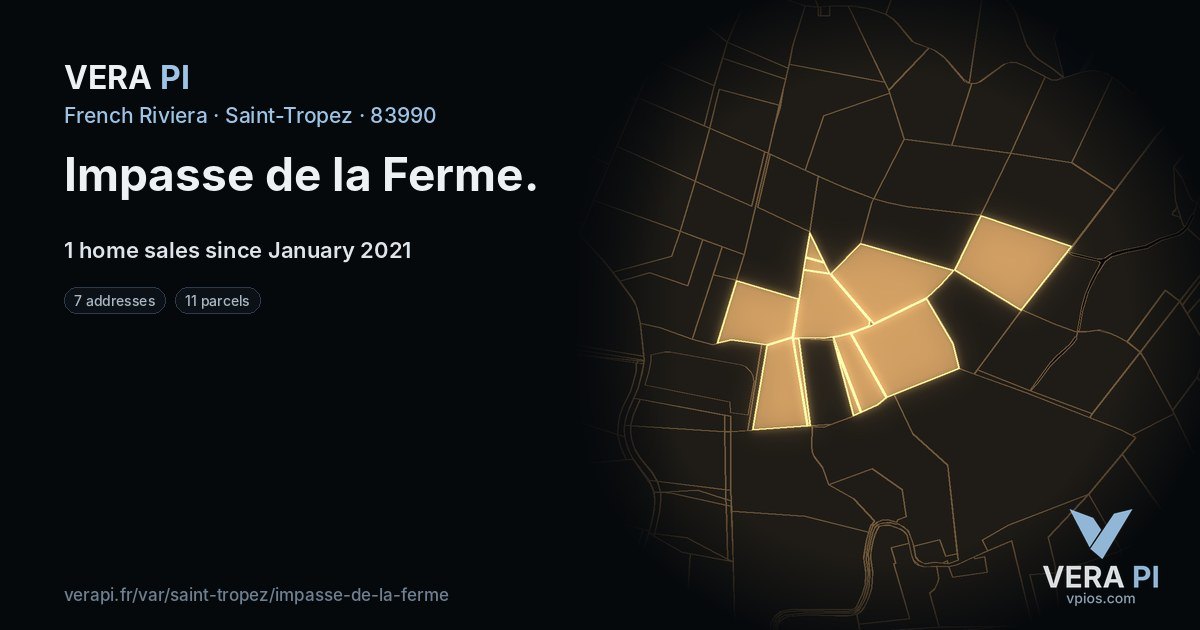 Impasse de la Ferme, Saint-Tropez at night – every parcel coloured by the prices around it, the street's own parcels lit