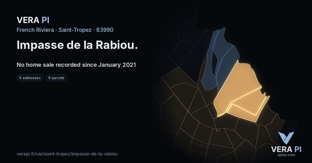 Impasse de la Rabiou, Saint-Tropez at night – every parcel coloured by the prices around it, the street's own parcels lit