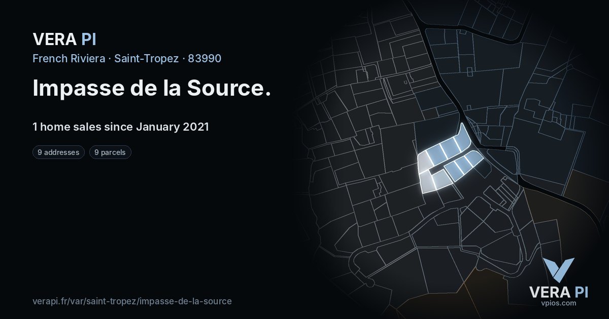 Impasse de la Source, Saint-Tropez at night – every parcel coloured by the prices around it, the street's own parcels lit