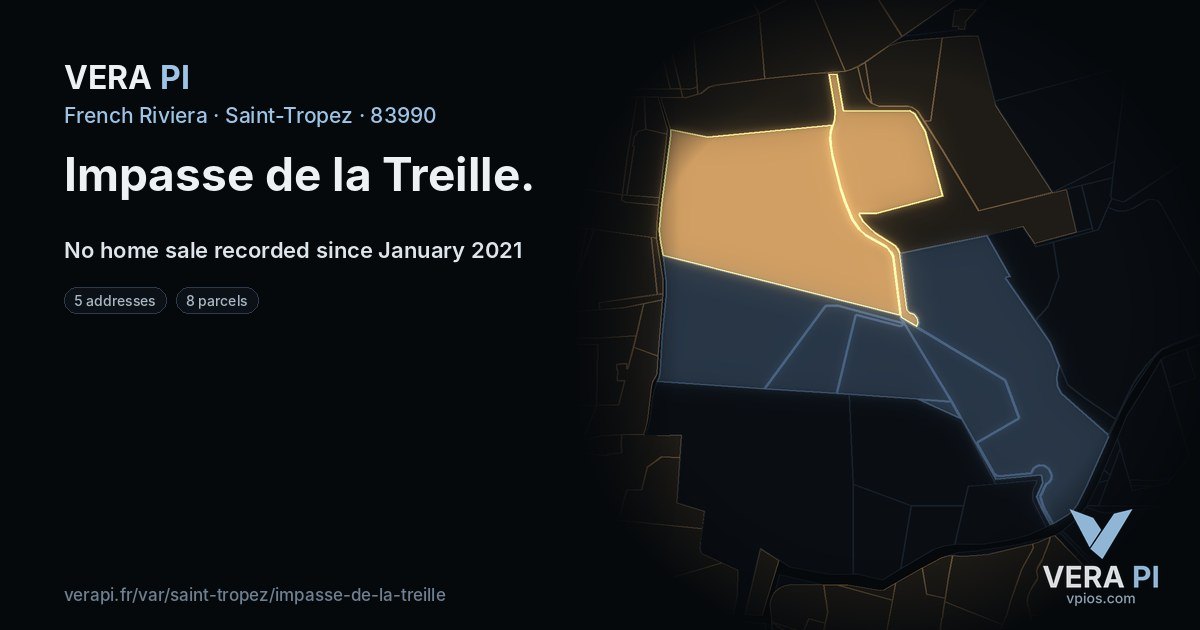 Impasse de la Treille, Saint-Tropez at night – every parcel coloured by the prices around it, the street's own parcels lit