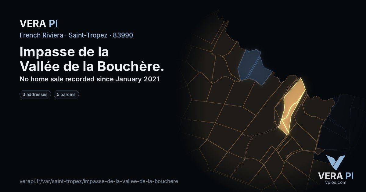 Impasse de la Vallée de la Bouchère, Saint-Tropez at night – every parcel coloured by the prices around it, the street's own parcels lit