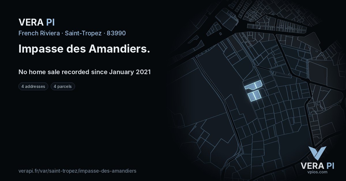 Impasse des Amandiers, Saint-Tropez at night – every parcel coloured by the prices around it, the street's own parcels lit
