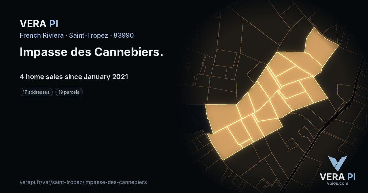 Impasse des Cannebiers, Saint-Tropez at night – every parcel coloured by the prices around it, the street's own parcels lit