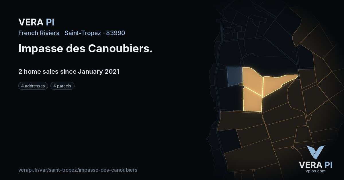 Impasse des Canoubiers, Saint-Tropez at night – every parcel coloured by the prices around it, the street's own parcels lit