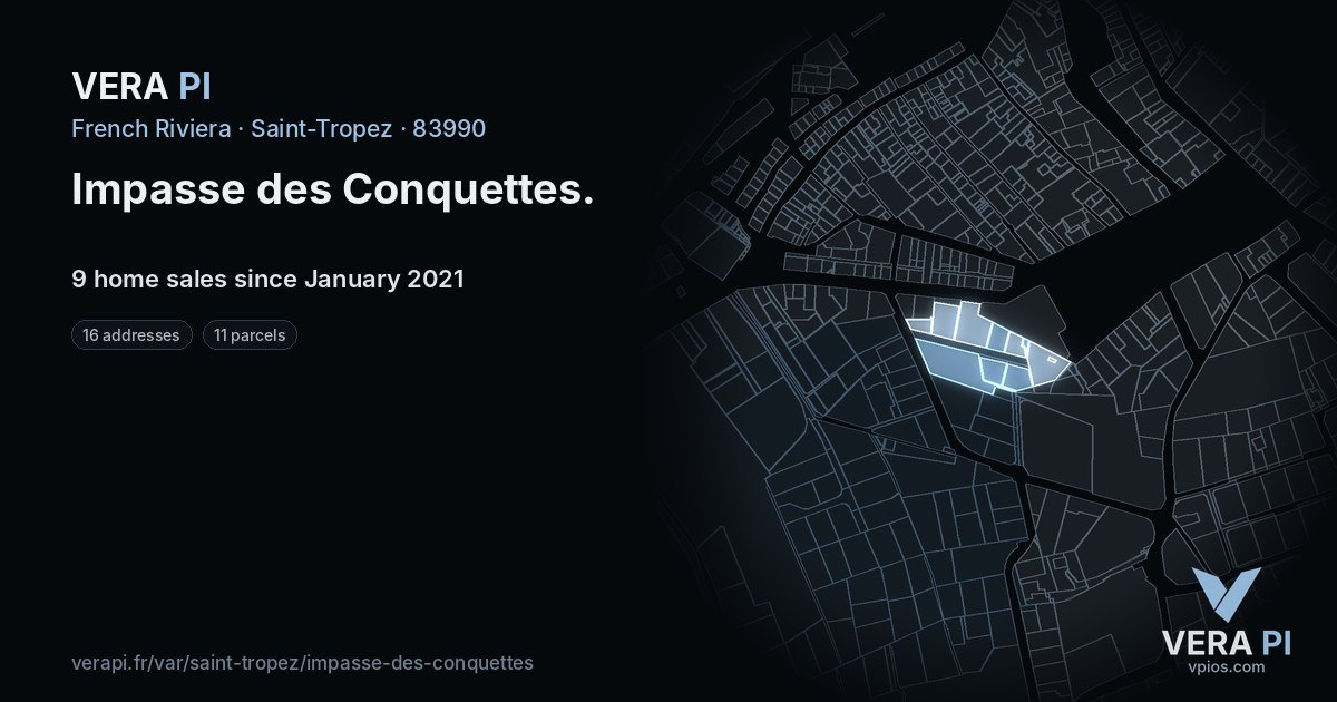 Impasse des Conquettes, Saint-Tropez at night – every parcel coloured by the prices around it, the street's own parcels lit