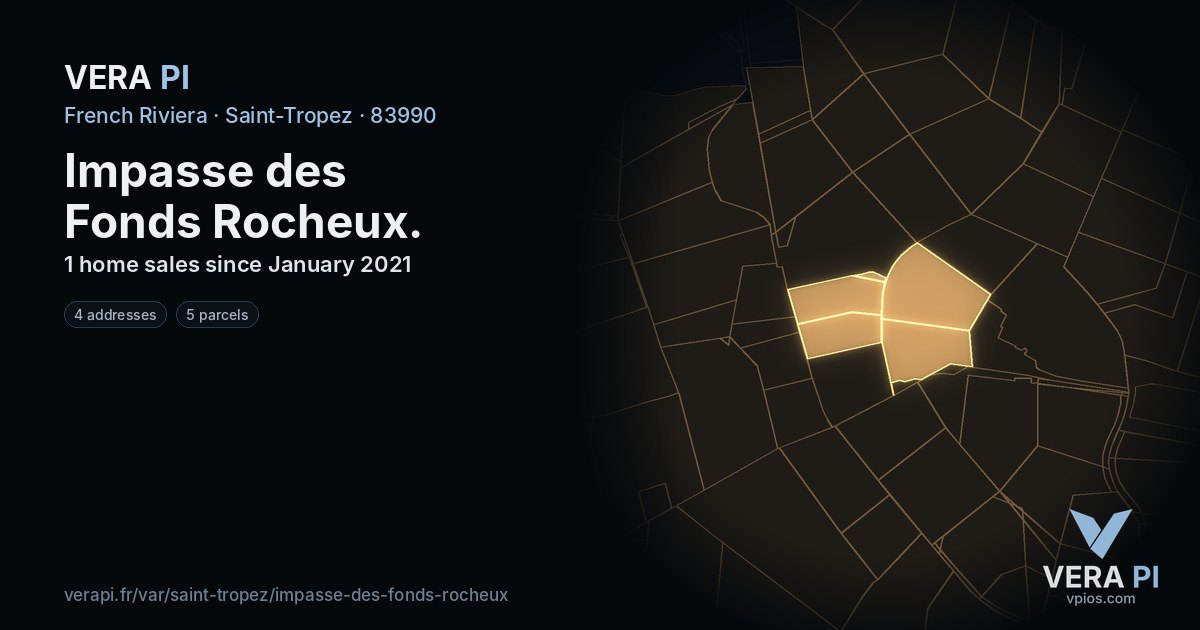 Impasse des Fonds Rocheux, Saint-Tropez at night – every parcel coloured by the prices around it, the street's own parcels lit